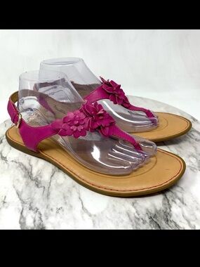 Born Floral T-Strap Pink Leather Comfort Sandals 11 Bright Colorful Fun Bohemian